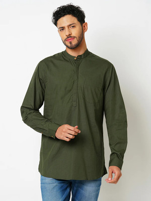 Indivisual Men Woven Design A-line Kurta(Dark Green)