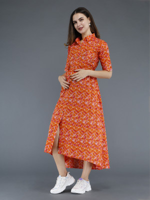 BaiWalaz Women Printed Gown Kurta(Orange)