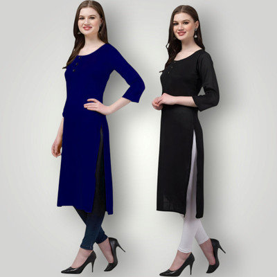Coft Women Solid Straight Kurta(Blue, Black)