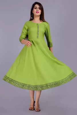 URESA Women Embroidered Flared Kurta(Light Green)