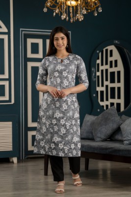 Nayo Women Printed Straight Kurta(Grey)