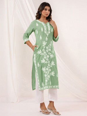 Janasya Women Embroidered Straight Kurta(Light Green)