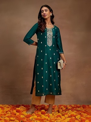 CHALN Women Embroidered Straight Kurta(Green)