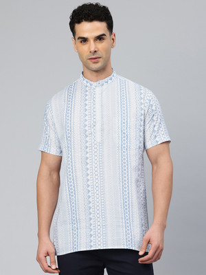 Majestic Man Men Geometric Print Straight Kurta(White)