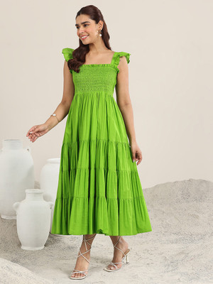 LIBAS Women Solid Flared Kurta(Green)