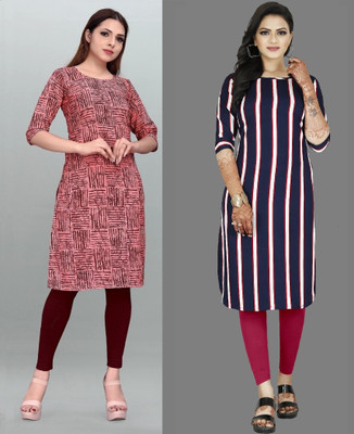 Hiral Creation Women Striped, Printed A-line Kurta(Red, Purple)