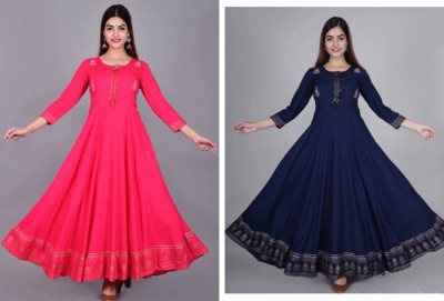 ShreeShyam Handicraft Women Printed Anarkali Kurta(Pink, Dark Blue)