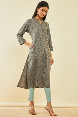 soch Women Floral Print Straight Kurta(Grey)