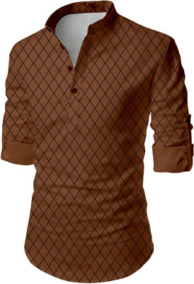 DEEMOON Men Checkered Straight Kurta(Brown)