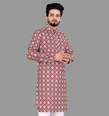DHASU TRENDZ Men Printed Straight Kurta(Maroon)