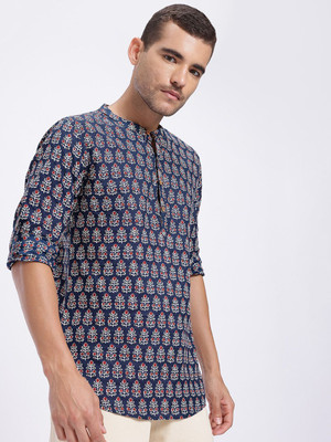 Anouk Rustic Men Floral Print Straight Kurta(Blue)