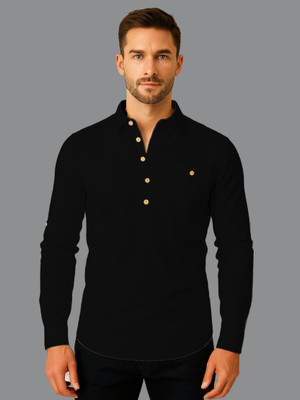 indirae Men Solid A-line Kurta(Black)