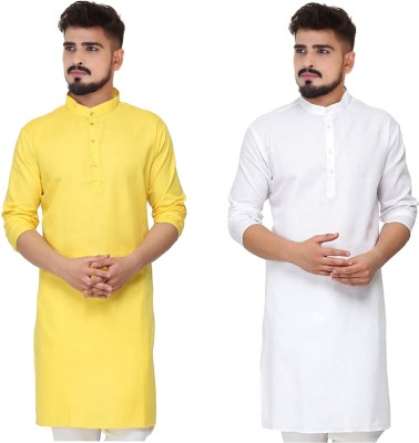 CELLUX Men Self Design Straight Kurta(Yellow, White)