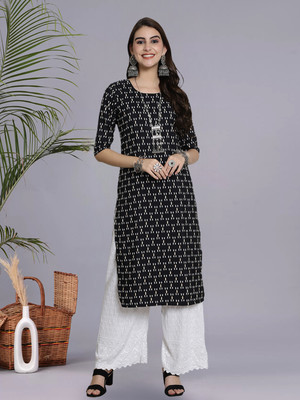 1 Stop Fashion Women Printed A-line Kurta(Black, White)