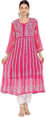 The Sufistore Women Chikan Embroidery Anarkali Kurta(Pink)