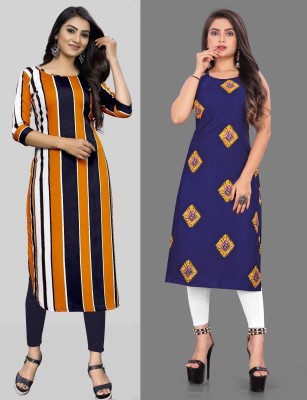 Hiral Creation Women Printed, Striped Straight Kurta(Yellow, Blue)