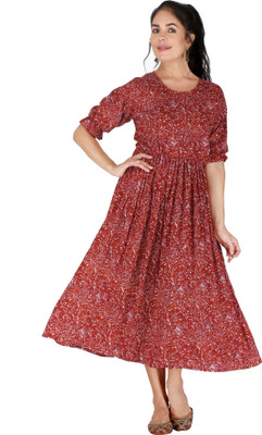 HouseOfCommon Women Printed Gown Kurta(Maroon)