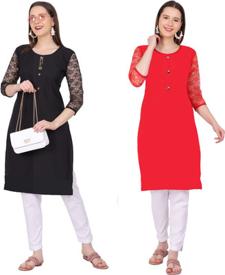 Good Straders Women Printed Straight Kurta(Black, Red)