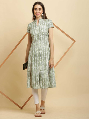 PSMAAG Women Block Print A-line Kurta(Green)