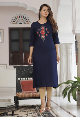 HouseOfCommon Women Embroidered Straight Kurta(Dark Blue)