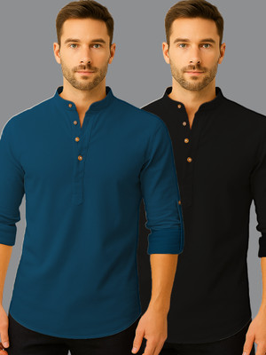 Navkanj Men Solid Straight Kurta(Blue, Black)