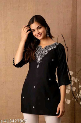 Lasafiya Women Embroidered Straight Kurta(Black)