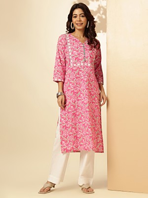 VBUYZ Women Floral Print Straight Kurta(Pink)