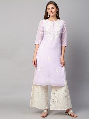 RATAN Women Chikan Embroidery Straight Kurta(Purple)