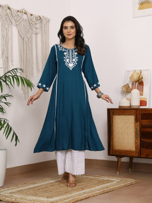 Safoora Creation Women Embroidered A-line Kurta(Blue)