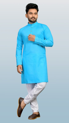 M Biswas Men Solid A-line Kurta(Light Blue)