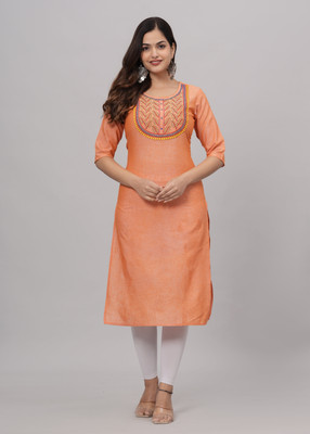 Sanganeri Kurti Women Solid Straight Kurta(Orange)