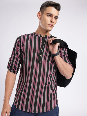 Anouk Rustic Men Striped Straight Kurta(Black)