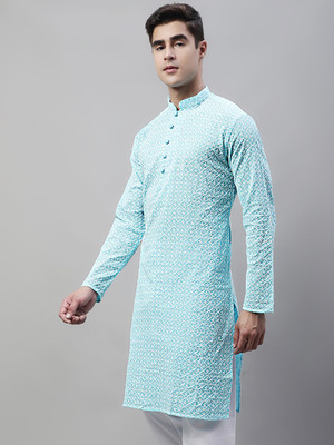 Jompers Men Chikan Embroidery Straight Kurta(Light Blue)