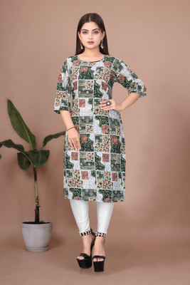 luzzix Women Printed, Self Design, Patchwork A-line Kurta(Green)