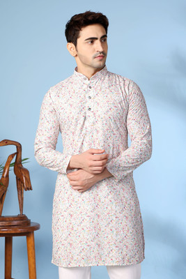 vastraveda Men Printed Straight Kurta(Light Blue)
