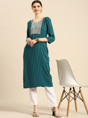 ANOUK Women Embroidered Straight Kurta(Blue)