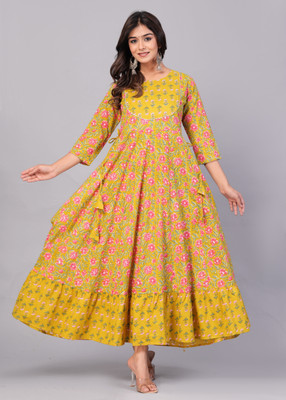 Kirnya Women Printed Anarkali Kurta(Yellow)