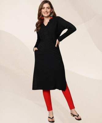 HERMISTON Women Embroidered Straight Kurta(Black)