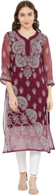 FAWOMENT Women Chikan Embroidery, Embroidered Straight Kurta(Silver)