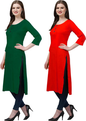 Coft Women Solid Straight Kurta(Green, Red)