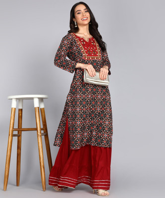 jaipurite Women Printed Straight Kurta(Red)