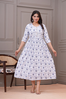 RILAKE Women Printed Anarkali Kurta(White)