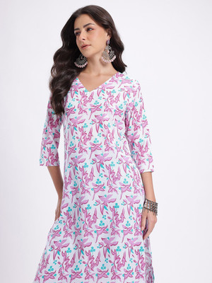 Anouk Rustic Women Floral Print Straight Kurta(White, Pink)