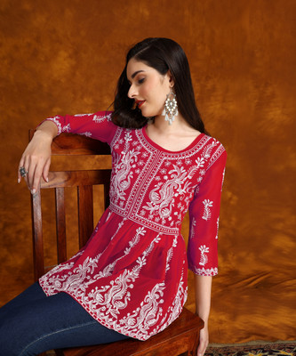 Youthnic Women Chikan Embroidery Flared Kurta(Red)