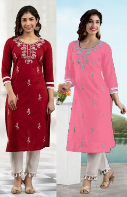 SISTO Women Chikan Embroidery Straight Kurta(Multicolor)