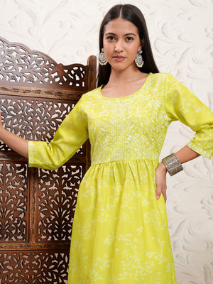 Vishudh Women Printed A-line Kurta(Green)