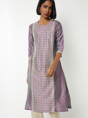MAX Women Embroidered Straight Kurta(Purple)