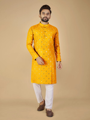 ORIFAB Men Embroidered Straight Kurta(Yellow)
