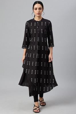 W Women Geometric Print A-line Kurta(Black)