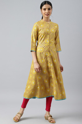W Women Geometric Print A-line Kurta(Yellow)